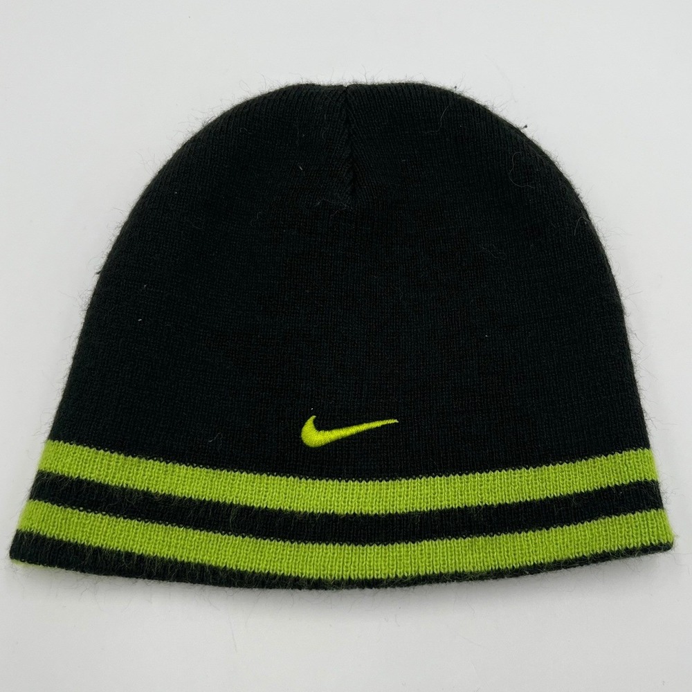Nike Beanie Kids 4-7 Black Neon Green Very Good Striped Swoosh Knit Hat - Picture 2 of 6